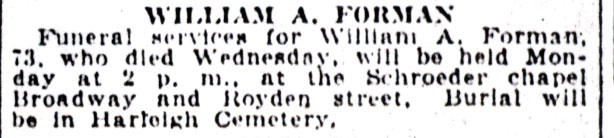 William A. Forman Sr. Obituary, Camden Morning Post, November 28, 1930