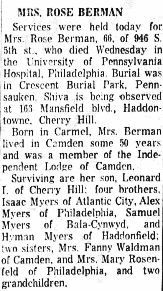 Mrs. Rose Berman Obituary, Camden Courier-Post, March 15, 1962