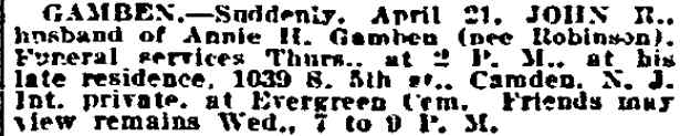 John R. Gamben Death Notice, Philadelphia Inquirer, April 21, 1919