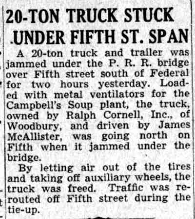 20-Ton Truck Stuck Under Fifth St. Span - Camden Courier-Post, July 24, 1941