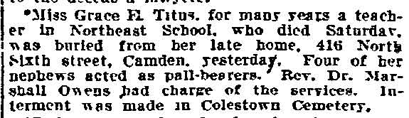 Philadelphia Inquirer, December 21, 1904, article mentioning Grace E. Titus and North 6th Street