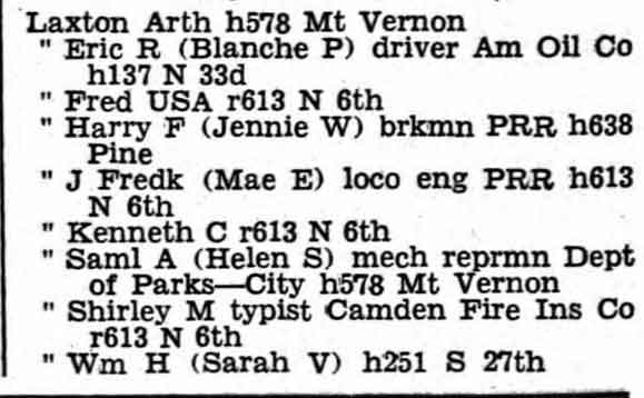 Laxton family city directory listing, 1943 — Eric R. Laxton at 137 North 33rd Street