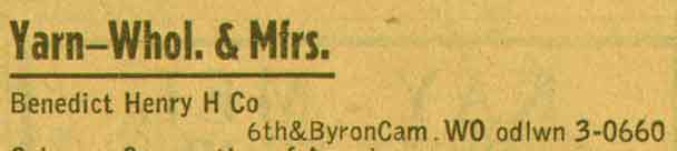 Henry H. Benedict Company, New Jersey Bell Telephone Yellow Pages listing, 1955