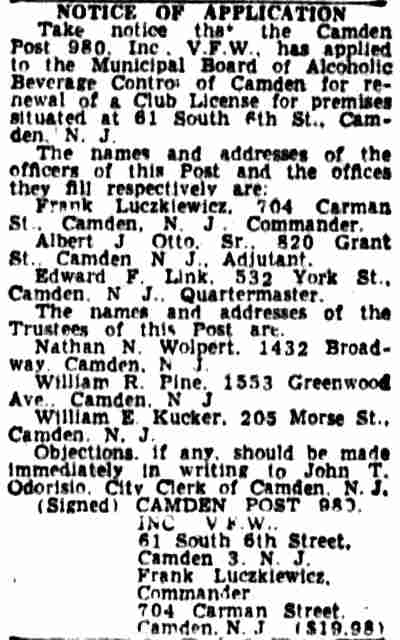 Camden Post No. 980, Veterans of Foreign Wars — June 21, 1958