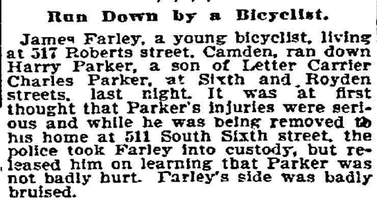 Run Down by a Bicyclist — Philadelphia Inquirer, August 19, 1896 — James Farley, 517 Roberts Street