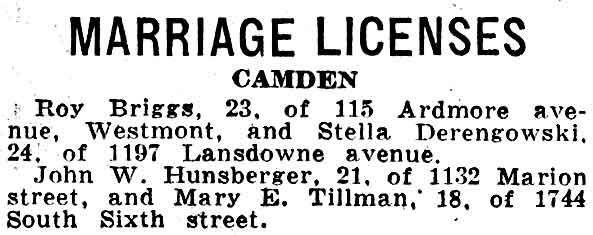 Marriage Licenses, Camden Courier-Post, February 24, 1938