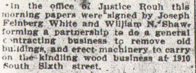 Philadelphia Inquirer, January 29, 1909, article mentioning F. Joseph Rouh and South 6th Street
