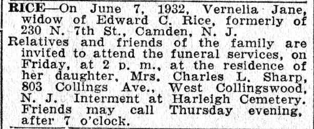 Death Notice of Vernelia Jane Rice - June 9, 1932
