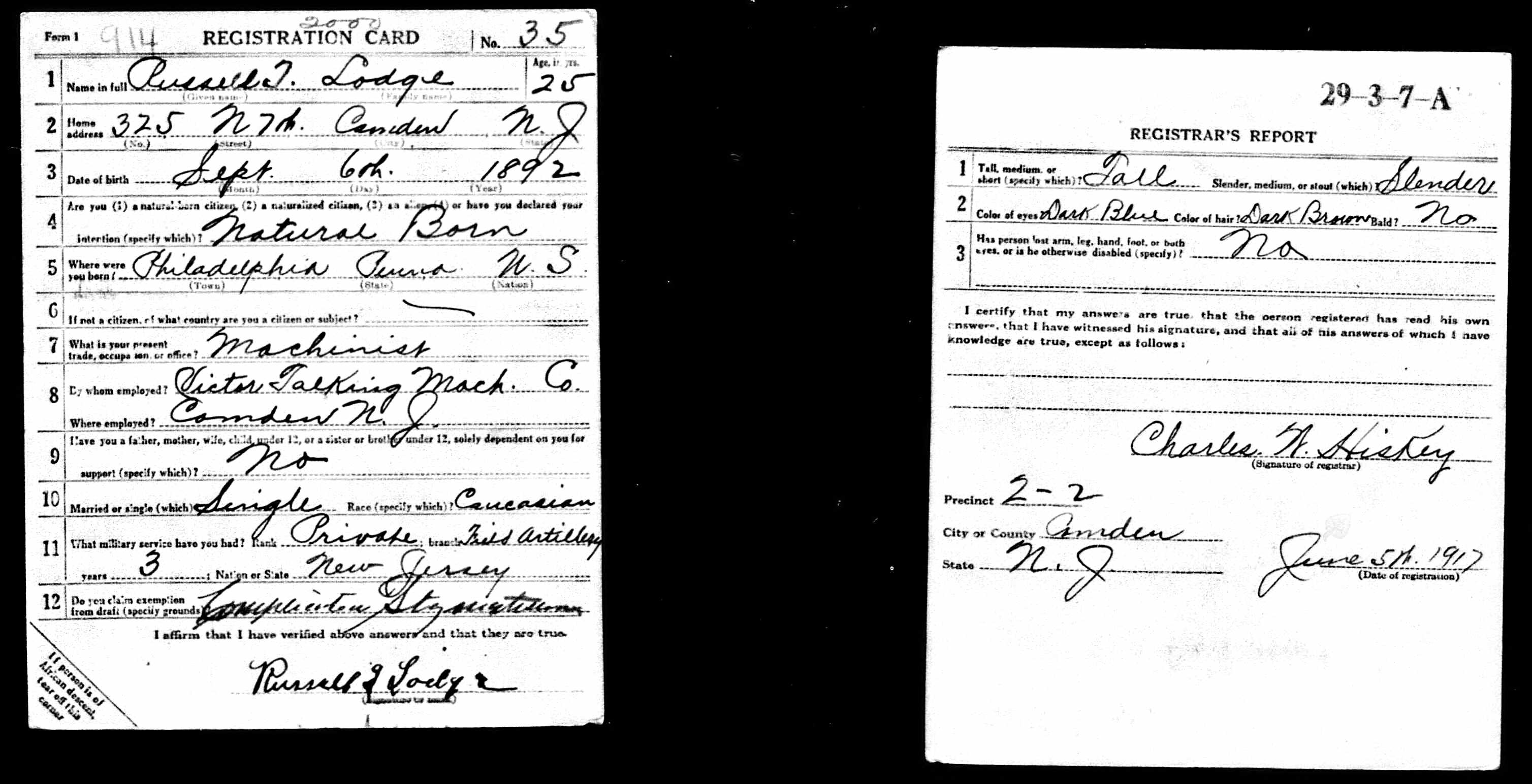 Russell T. Lodge, 325 North 7th Street, World War I