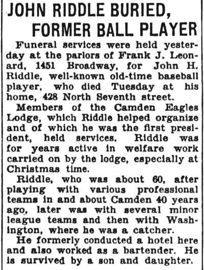 John Riddle Buried, Former Ball Player - May 9, 1931