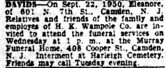 Death Notice of Eleanore Davids - September 23, 1950