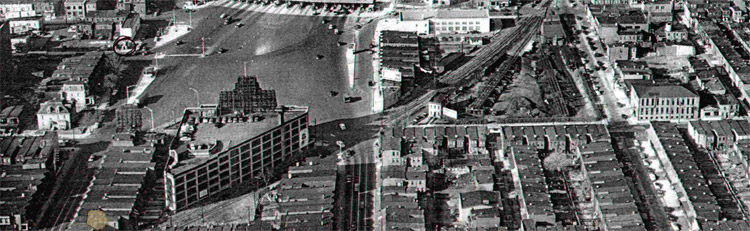 Aerial view of 7th Street at Penn and Pearl Streets, 1952