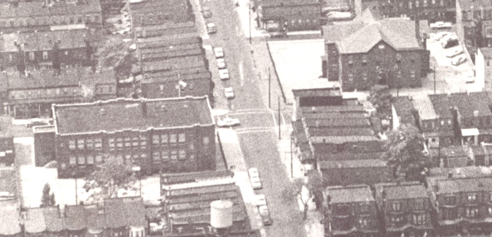Intersection of North 7th Street and Vine Street, June 7, 1965, showing Northeast School at upper right and William J. Sewell School at lower left