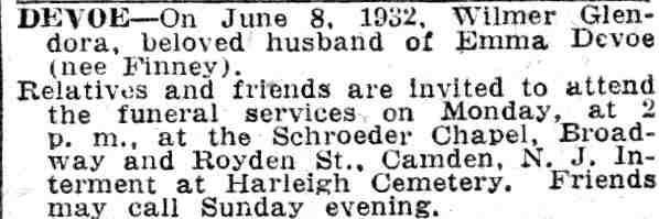 Death Notice of Wilmer Glendora Devoe - June 10, 1932