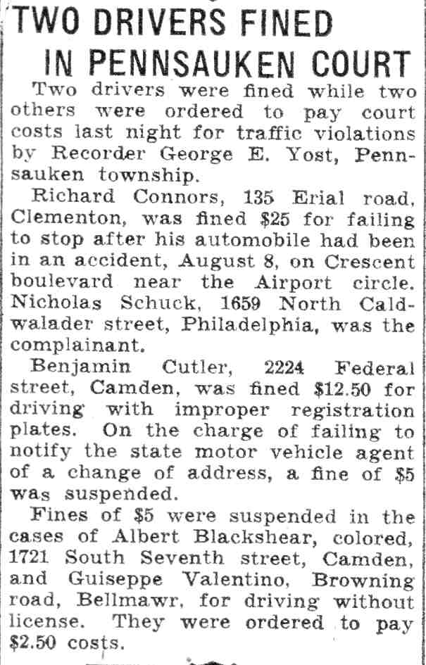 Two Drivers Fined in Pennsauken Court - August 31, 1935