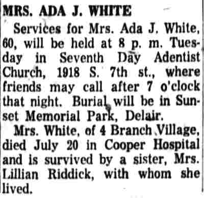 Obituary for Mrs. Ada J. White, 4 Branch Village, 1960