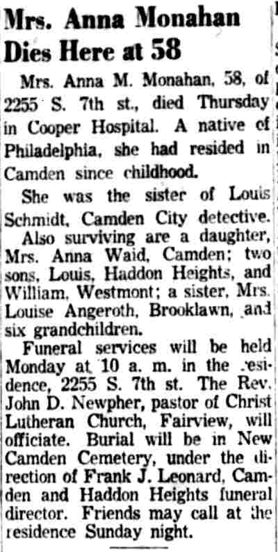 2255 South 7th Street, Mrs. Anna M. Monahan, Camden Courier-Post, November 6, 1953