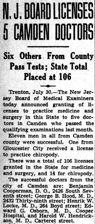 2426 South 7th Street, Dr. Benjamin Cooperman, Camden Courier-Post, July 30, 1941