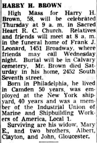 2452 South 7th Street, Harry H. Brown family, Camden Courier-Post, November 6, 1951