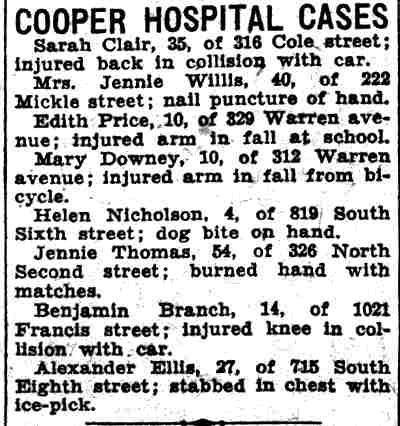 Cooper Hospital Cases, Camden Courier-Post, October 14, 1933