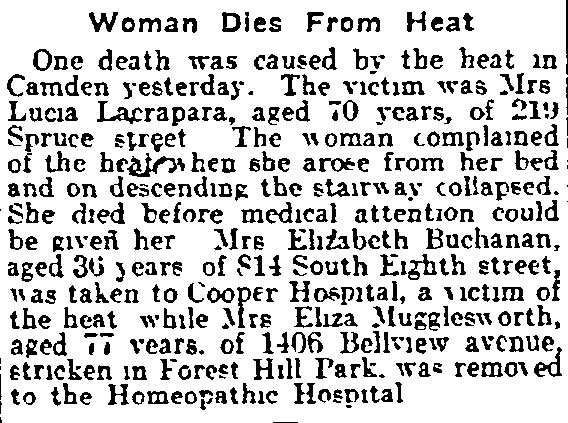 Philadelphia Inquirer, September 15, 1915 — Woman Dies From Heat