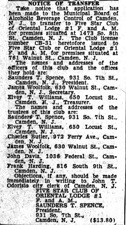 1473 South 8th Street, Oriental Lodge No. 1, Free and Accepted Masons, Camden Courier-Post, November 25, 1955