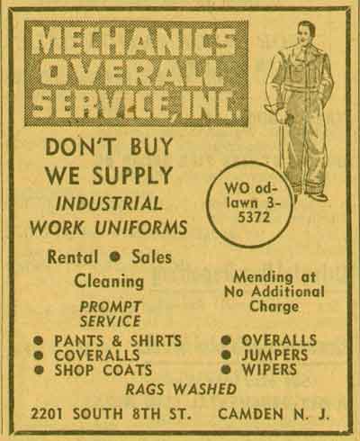 2201 South 8th Street, Mechanics Overall Service, 1955 NJ Bell Yellow Pages ad