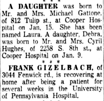 Frank Gizelbach recovering, Camden Courier-Post, February 1, 1954
