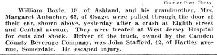 Caption: Crash at Eighth Street and Central Avenue — Camden County Beverage Company — July 1, 1941
