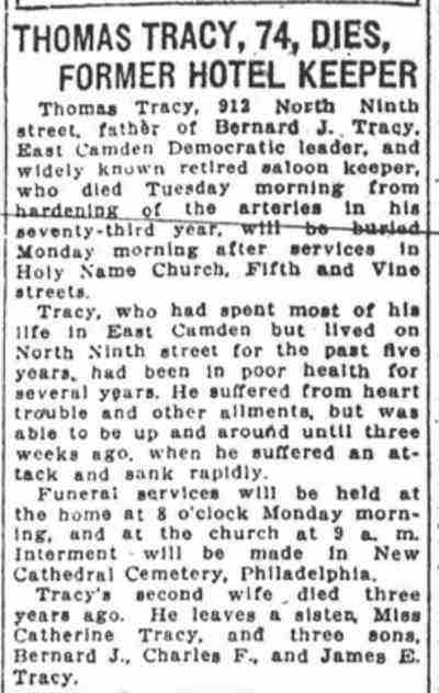 Philadelphia Inquirer, April 14, 1927 — Thomas Tracy, 912 North 9th Street