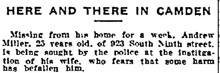 Philadelphia Inquirer, August 5, 1916 — Andrew Miller, 923 South 9th Street
