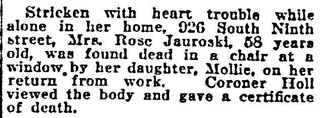 Philadelphia Inquirer, October 7, 1922 — Rose Jauroski, 926 South 9th Street