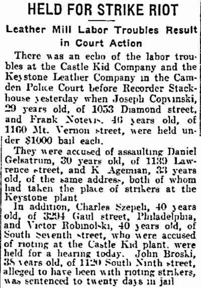 Philadelphia Inquirer article about strike riot arrests involving residents of 1139 Lawrence Street, June 16, 1915