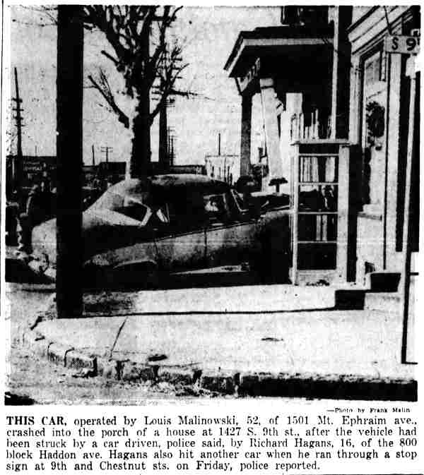 Car driven by Louis Malinowski crashes into porch at 1427 South 9th Street, Camden, December 1958