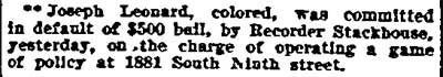 Philadelphia Inquirer, February 1, 1903 — Joseph Leonard, 1881 South 9th Street