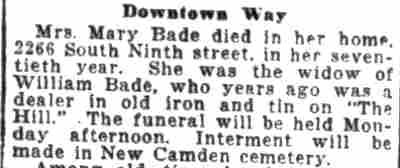 Camden Daily Courier, August 9, 1924 — Mrs. Mary Bade, 2220 South 9th Street