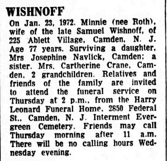 Obituary: Minnie Roth Wishnoff, 225 Ablett Village