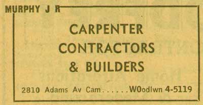 1955 New Jersey Bell Yellow Pages advertisement for J.R. Murphy, Carpenter Contractors & Builders, 2810 Adams Avenue