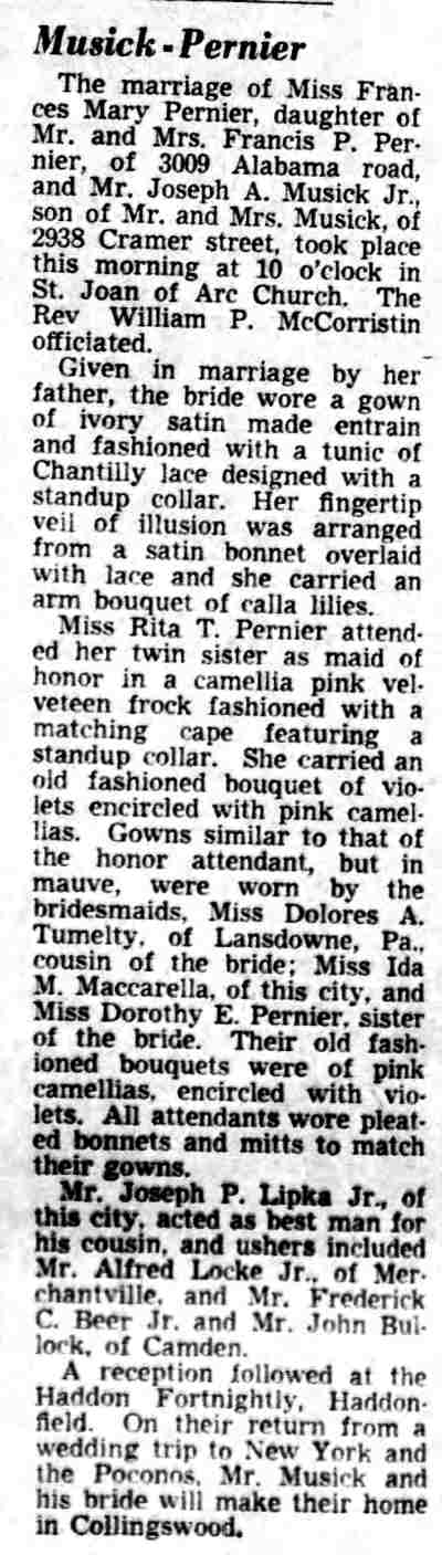 Musick-Pernier marriage announcement — Camden Courier-Post, January 27, 1951