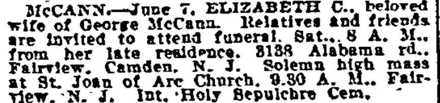 Death notice for Elizabeth C. McCann, 3138 Alabama Road — Philadelphia Inquirer, June 9, 1922