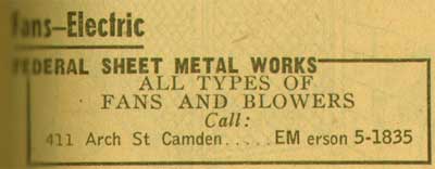 411 Arch Street - Federal Street Sheet Metal Works - 1955 New Jersey Bell Telephone Yellow Pages Ad