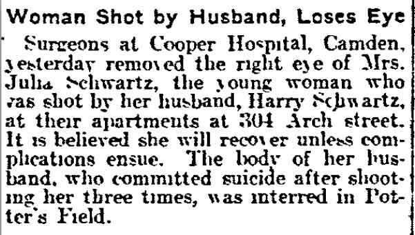 Woman Shot by Husband, Loses Eye - Philadelphia Inquirer, December 5, 1915