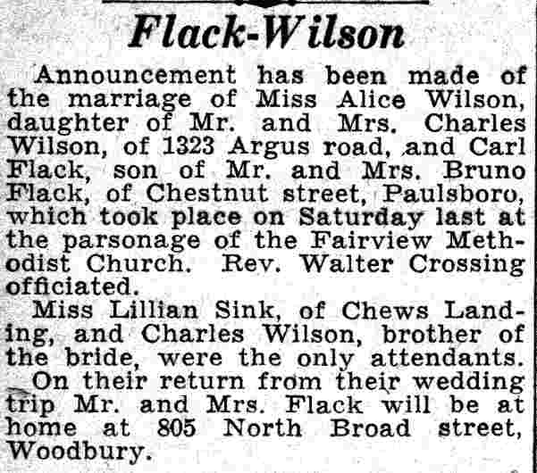 Flack-Wilson marriage announcement, Camden Courier-Post, June 15, 1932