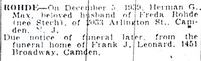 Herman G. Rohde death notice, Camden Courier-Post, December 5, 1939