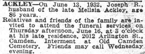 Ackley death notice, Camden Courier-Post, June 16, 1932