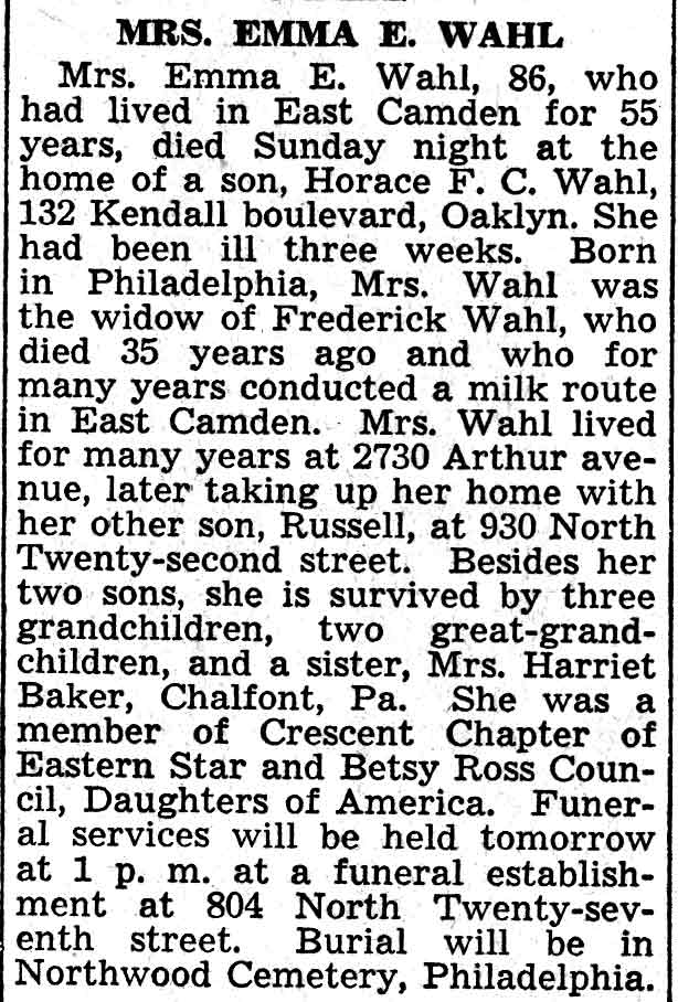 Camden Courier-Post obituary for Mrs. Emma E. Wahl, whose son Russell Wahl lived at 930 North 22nd Street