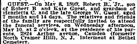 Death notice for Robert B. Guest Jr., 2824 Arthur Avenue — Philadelphia Inquirer, May 10, 1899