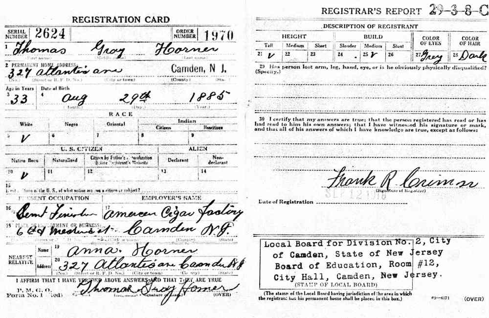 327 Atlantic Avenue, Thomas Gray Harner WWI draft card, 1918