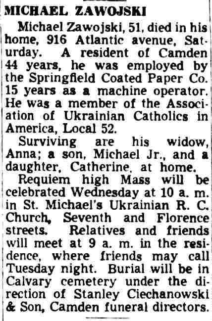 916 Atlantic Avenue, Michael Zawojski and family, Camden Courier-Post, November 27, 1950