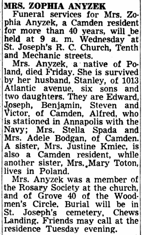 1013 Atlantic Avenue, Stanislaus Anyzek and family, Camden Courier-Post, March 10, 1951